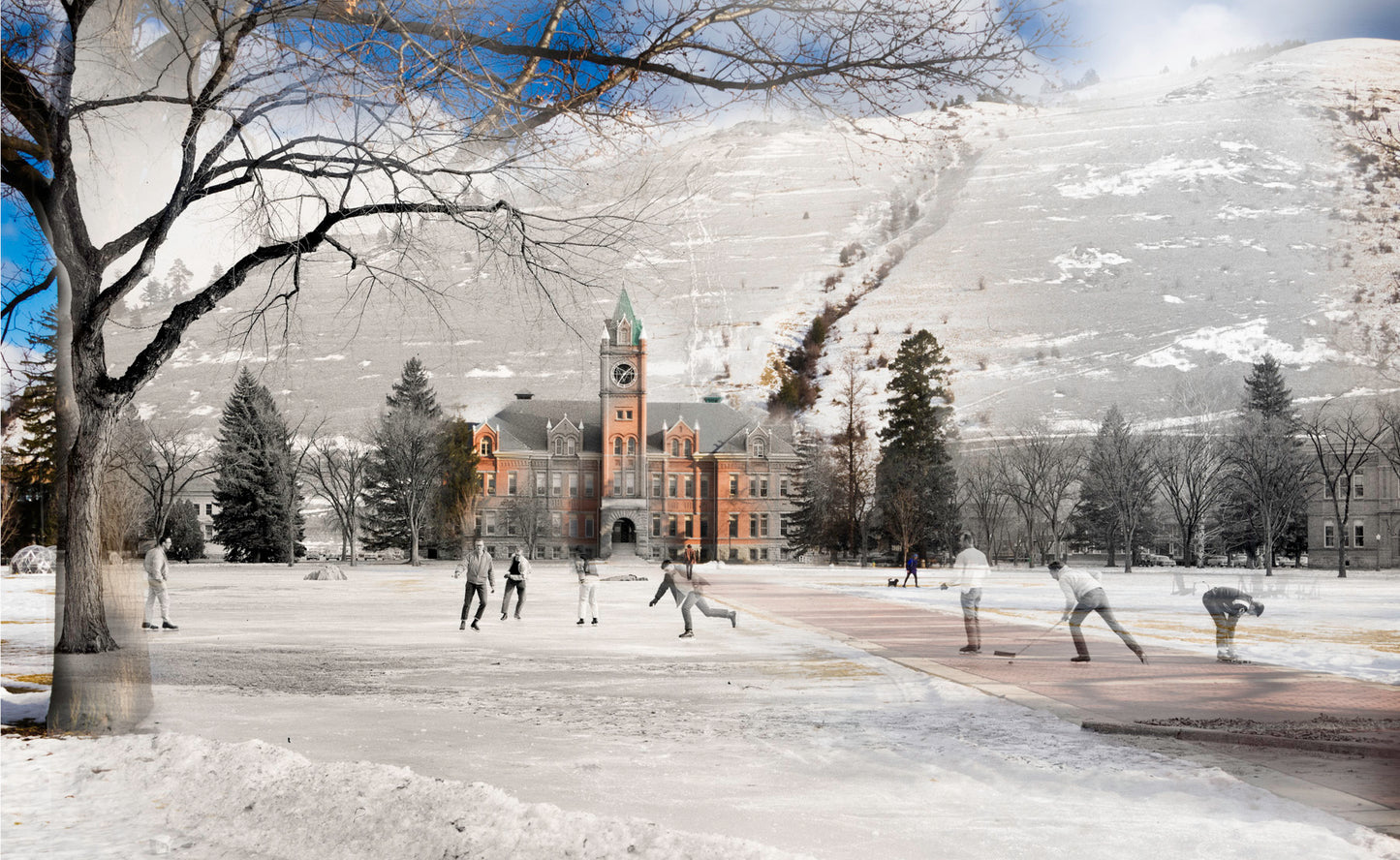Skating on the Oval: University Hall, Montana State University - Framed and Matted Print