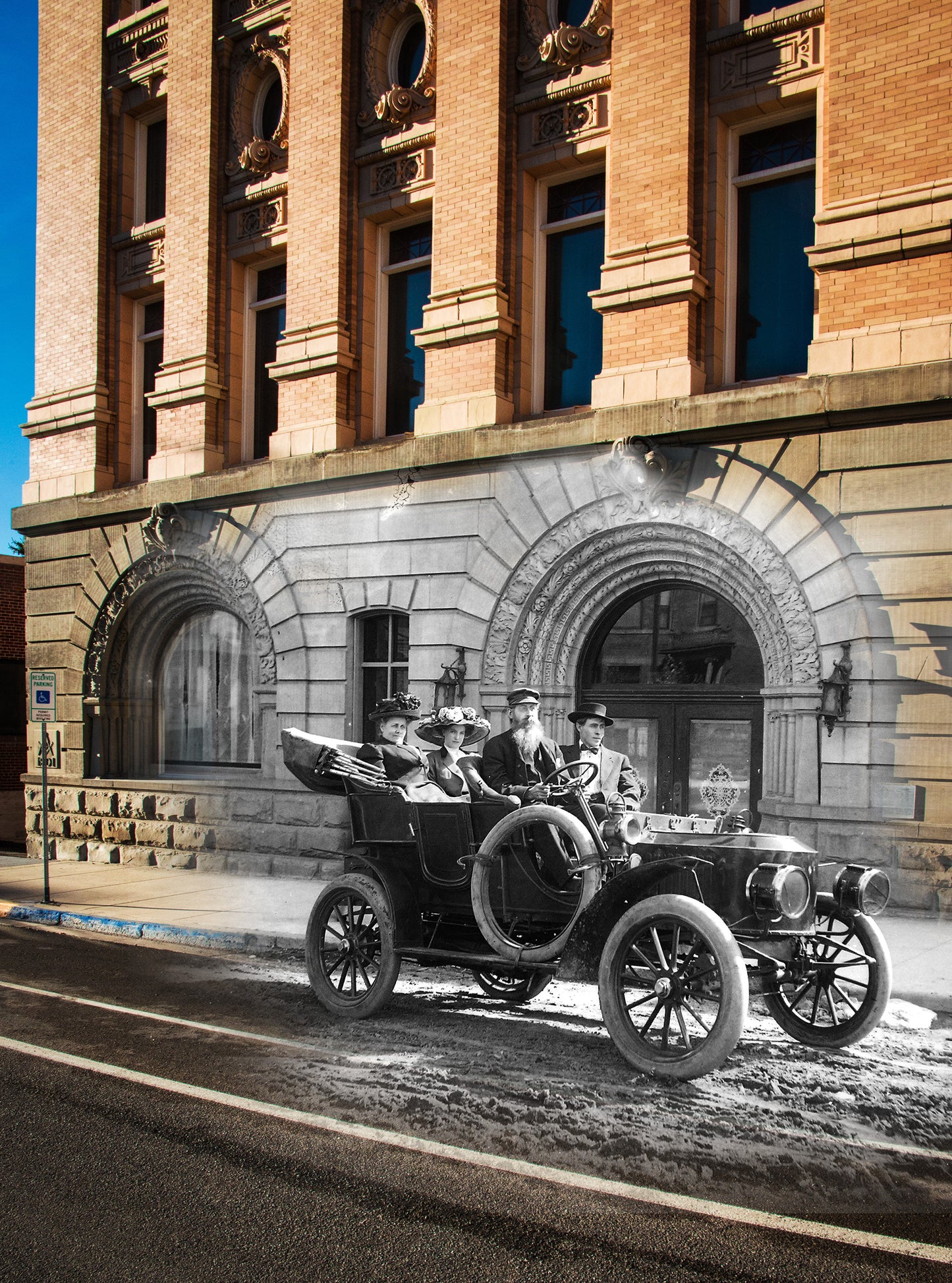 Masonic Temple People and Car - Framed and Matted Print