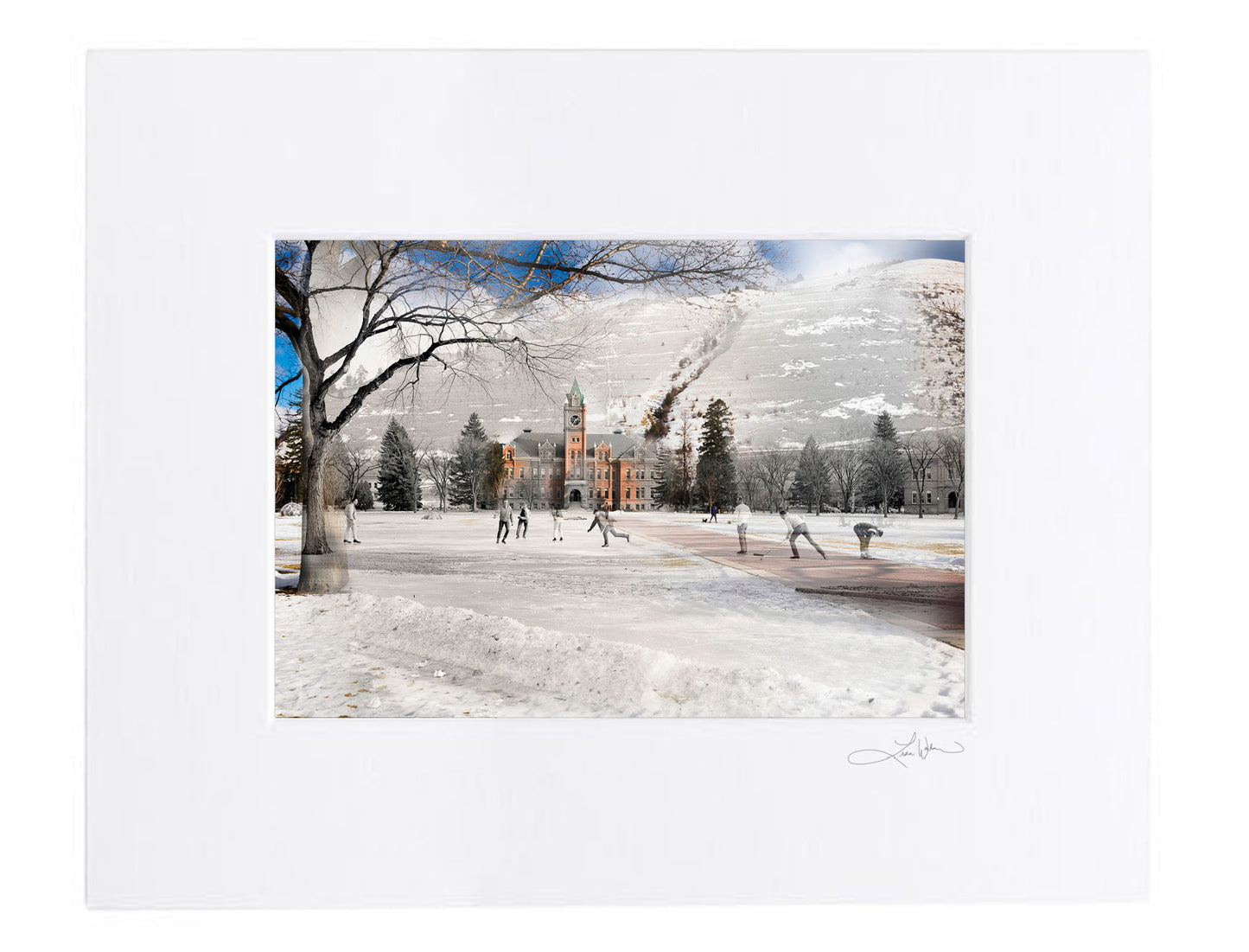Skating on the Oval: University Hall, Montana State University - Matted Print