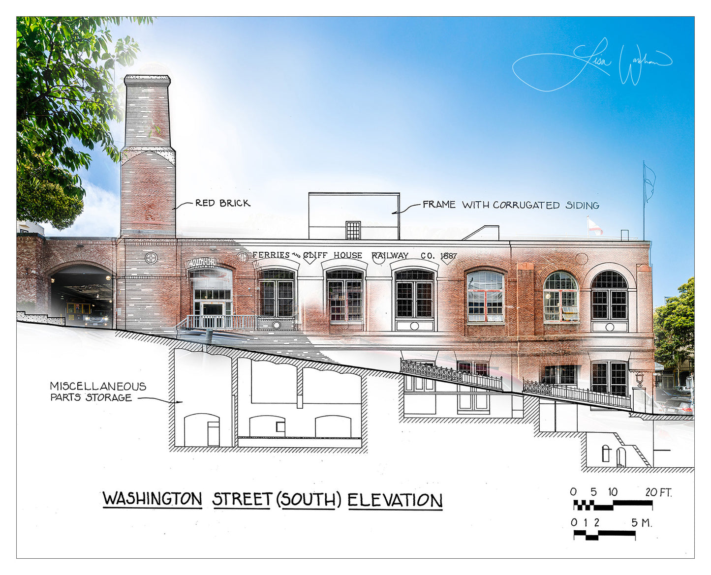 Cable Car Museum Blueprint, San Francisco, California - Matted Print