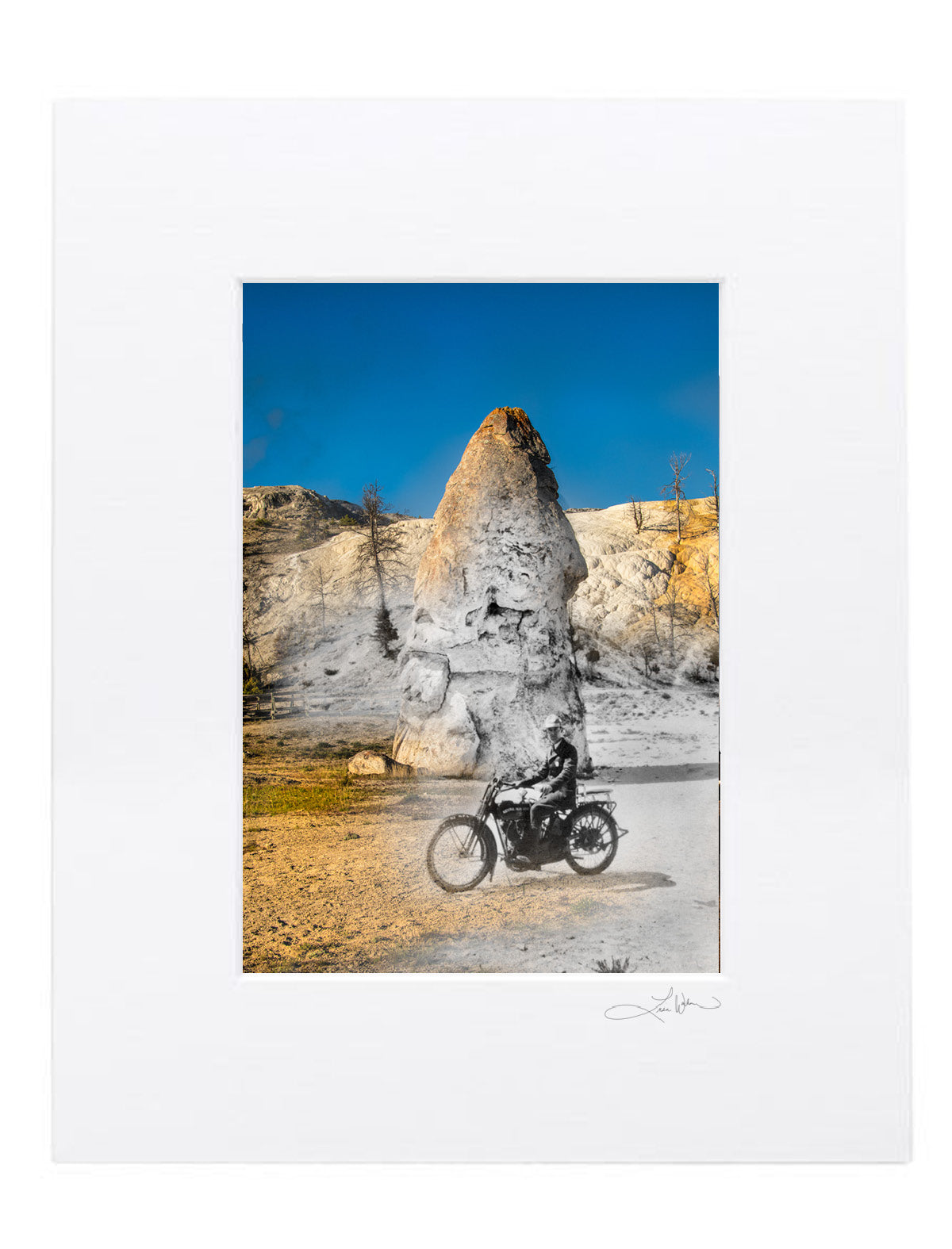 Motorcyclist at Liberty Cap, Mammoth Hot Springs - Matted Print