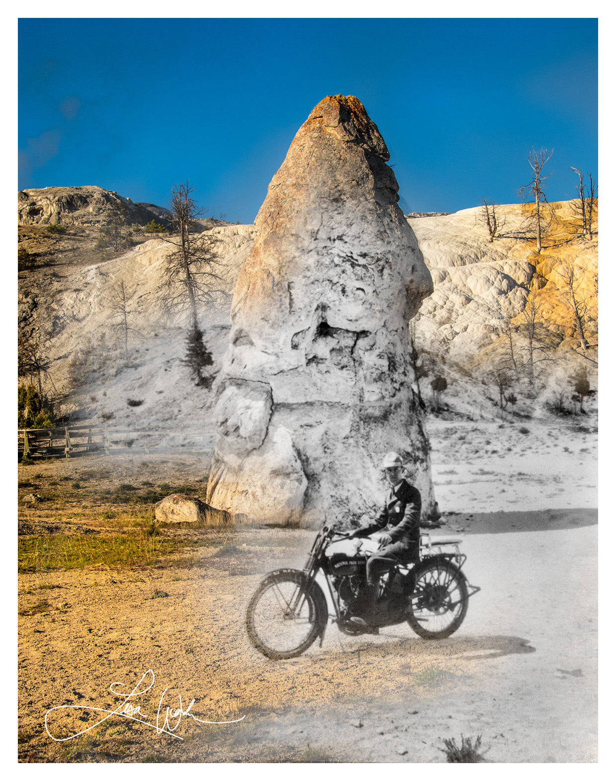 Motorcyclist at Liberty Cap, Mammoth Hot Springs - Yellowstone National Park