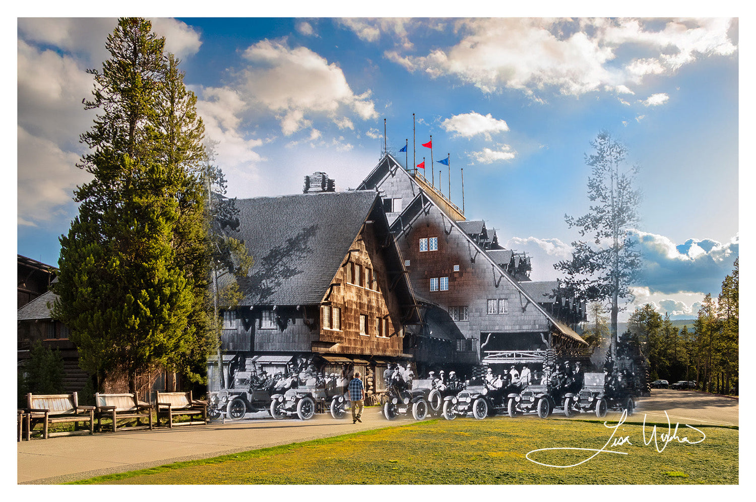 Old Faithful Inn with Automobiles - Yellowstone National Park