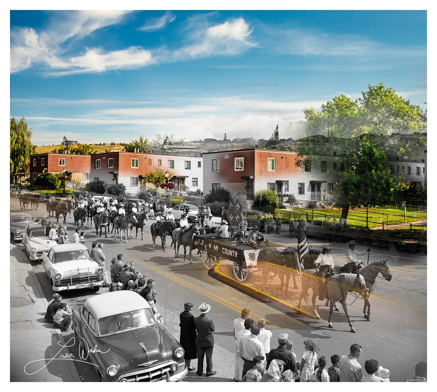 Parade on Arizona Street with Silver Bow Homes in Background - Butte, Montana