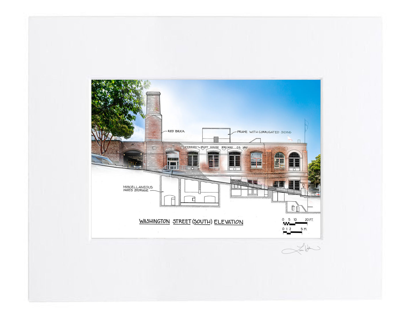 Cable Car Museum Blueprint, San Francisco, California - Matted Print
