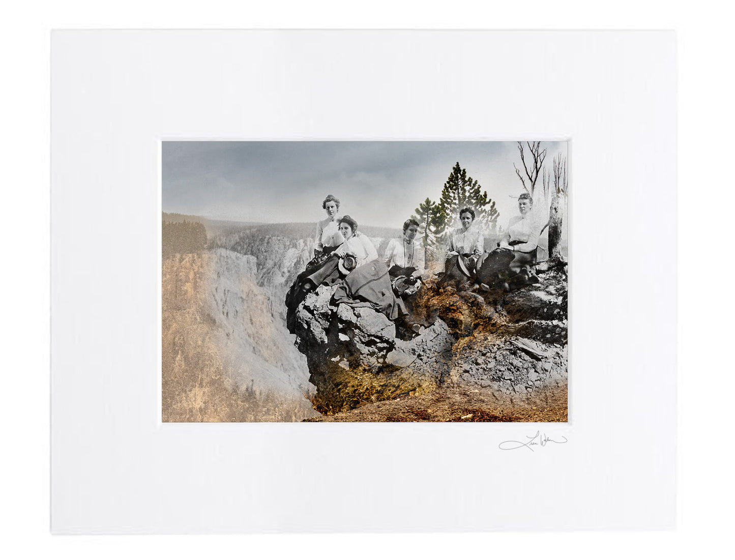 Women Employees on Canyon Rim, Yellowstone National Park - Matted Print