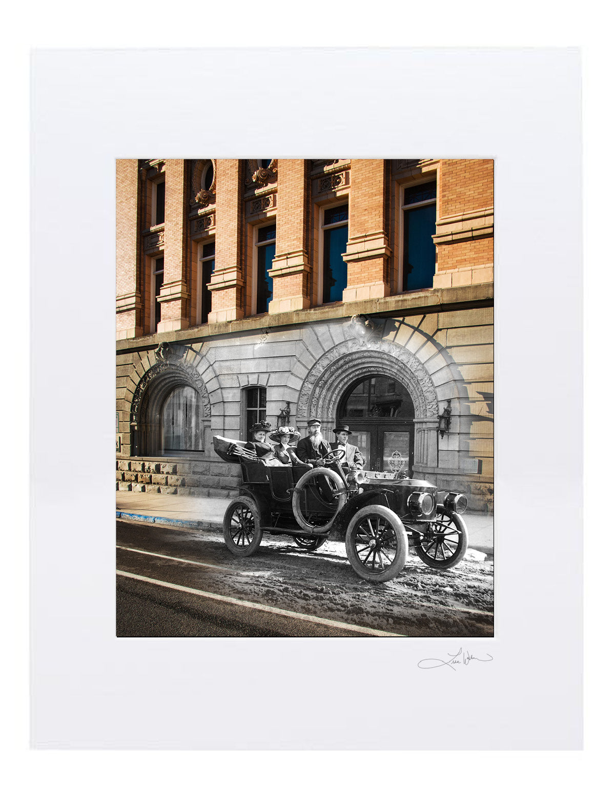 Masonic Temple People and Car - Matted Print