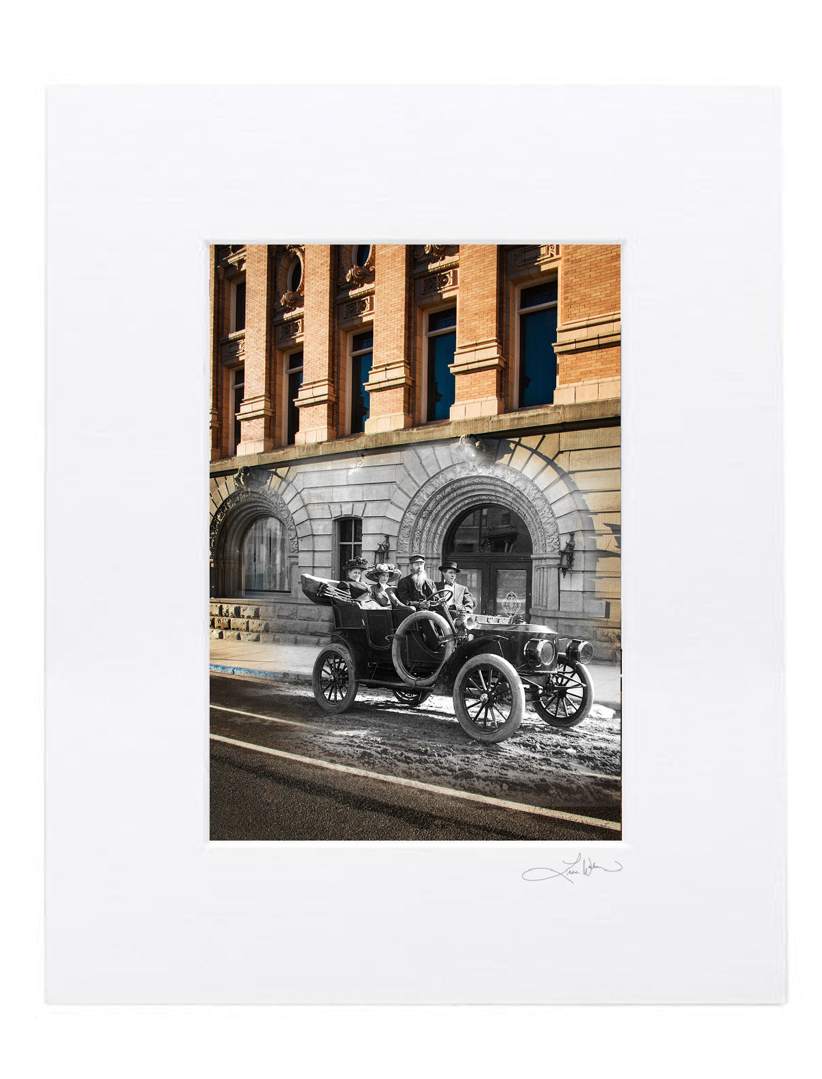 Masonic Temple People and Car - Matted Print