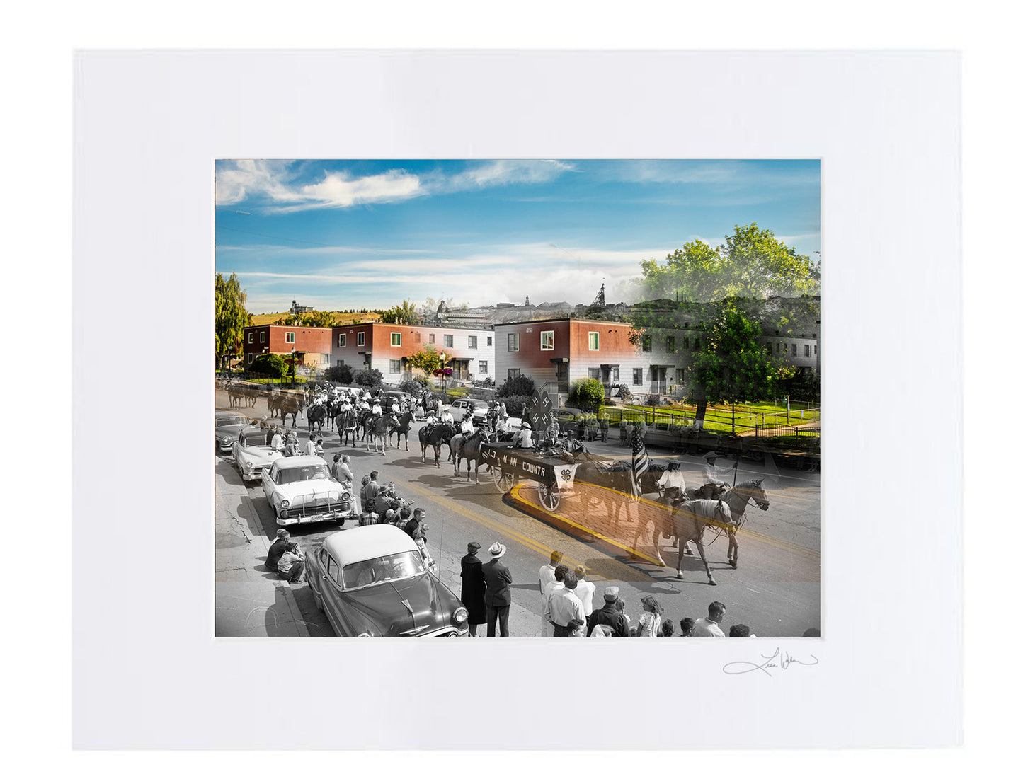 Parade on Arizona Street with Silver Bow Homes in Background - Butte Montana - Matted Print