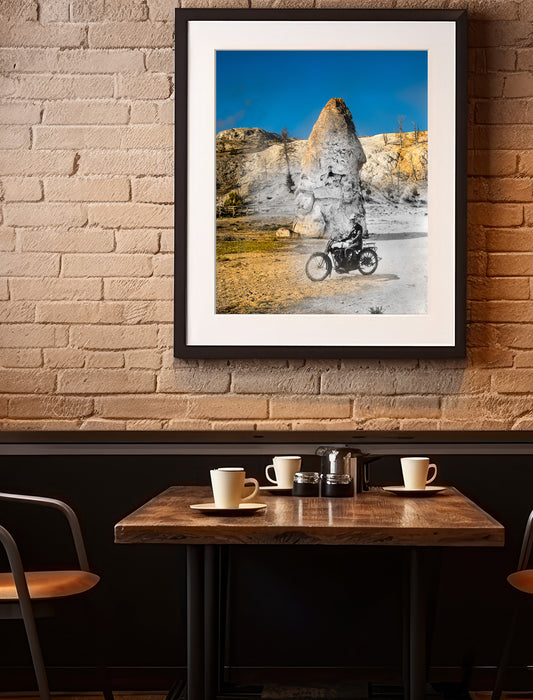 Motorcyclist at Liberty Cap, Mammoth Hot Springs - Framed and Matted Print