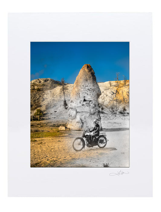 Motorcyclist at Liberty Cap, Mammoth Hot Springs - Matted Print