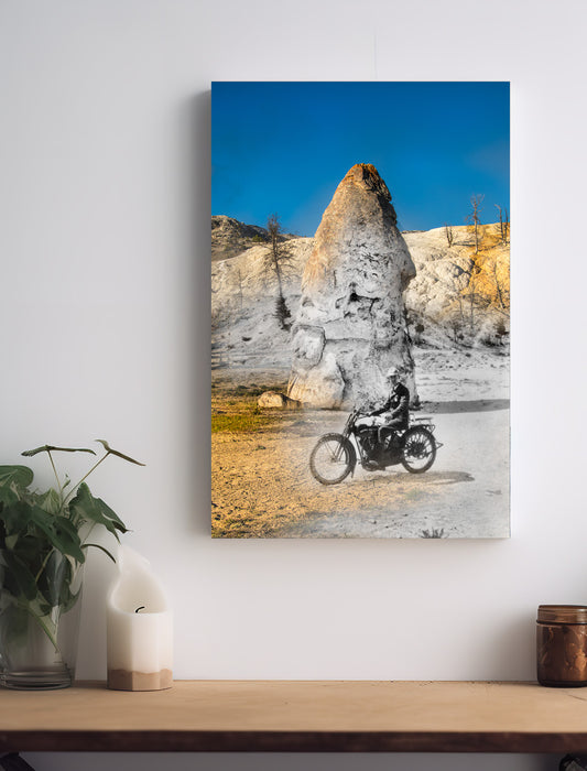 Motorcyclist at Liberty Cap, Mammoth Hot Springs - Canvas Gallery Wrap